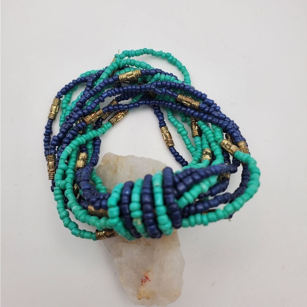 Ethnic seed bead twist knot bracelet green‎ and blue